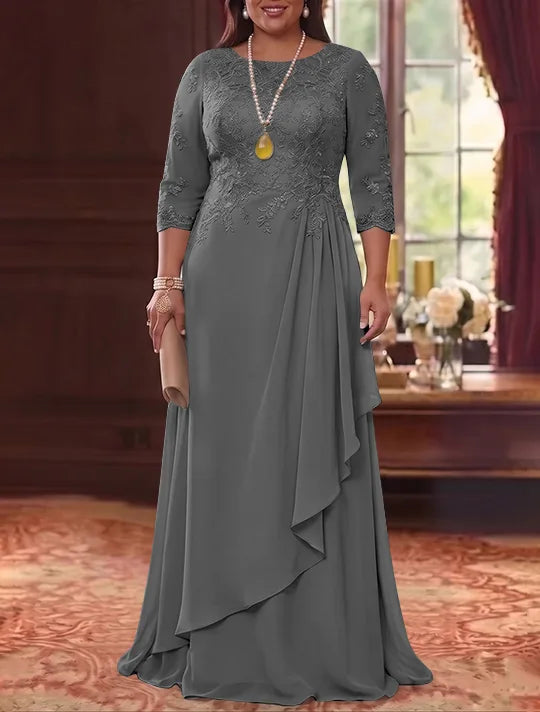 A-Line/Princess Scoop Chiffon Plus Size Mother of the Bride Dresses 3/4 Sleeves Lace Floor-Length With Pleated