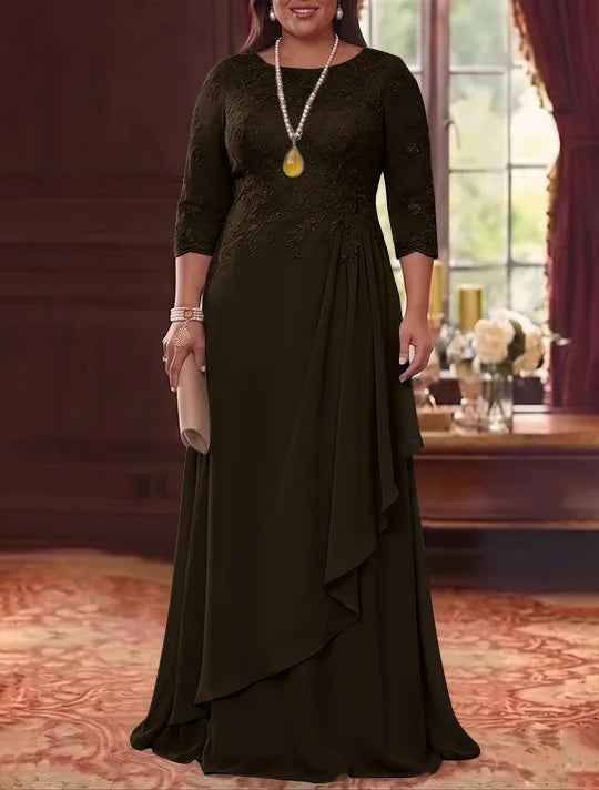 A-Line/Princess Scoop Chiffon Plus Size Mother of the Bride Dresses 3/4 Sleeves Lace Floor-Length With Pleated