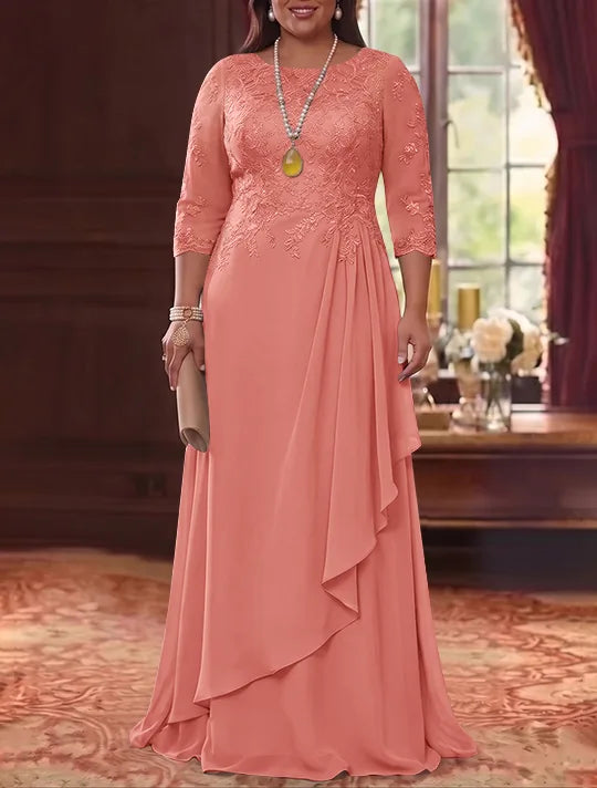 A-Line/Princess Scoop Chiffon Plus Size Mother of the Bride Dresses 3/4 Sleeves Lace Floor-Length With Pleated