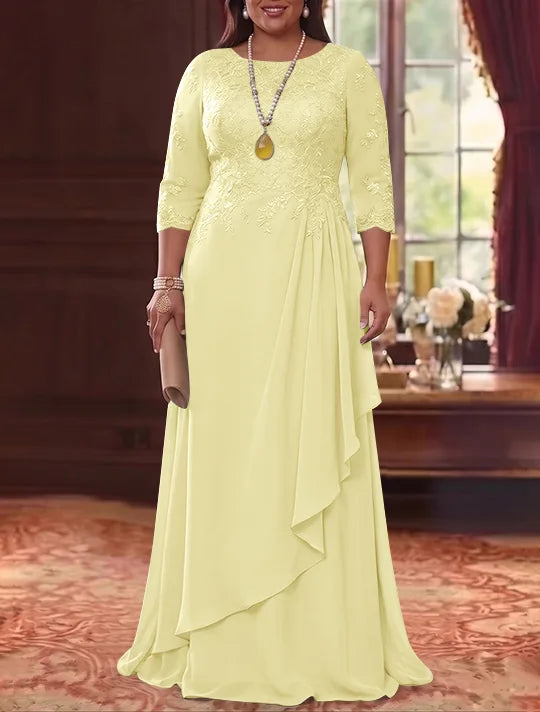 A-Line/Princess Scoop Chiffon Plus Size Mother of the Bride Dresses 3/4 Sleeves Lace Floor-Length With Pleated