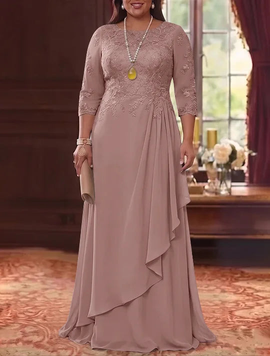 A-Line/Princess Scoop Chiffon Plus Size Mother of the Bride Dresses 3/4 Sleeves Lace Floor-Length With Pleated