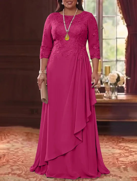 A-Line/Princess Scoop Chiffon Plus Size Mother of the Bride Dresses 3/4 Sleeves Lace Floor-Length With Pleated