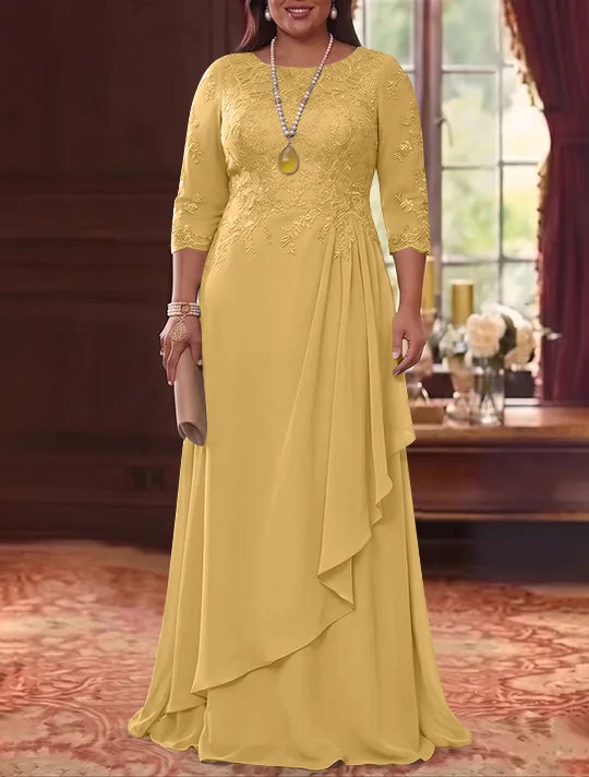 A-Line/Princess Scoop Chiffon Plus Size Mother of the Bride Dresses 3/4 Sleeves Lace Floor-Length With Pleated
