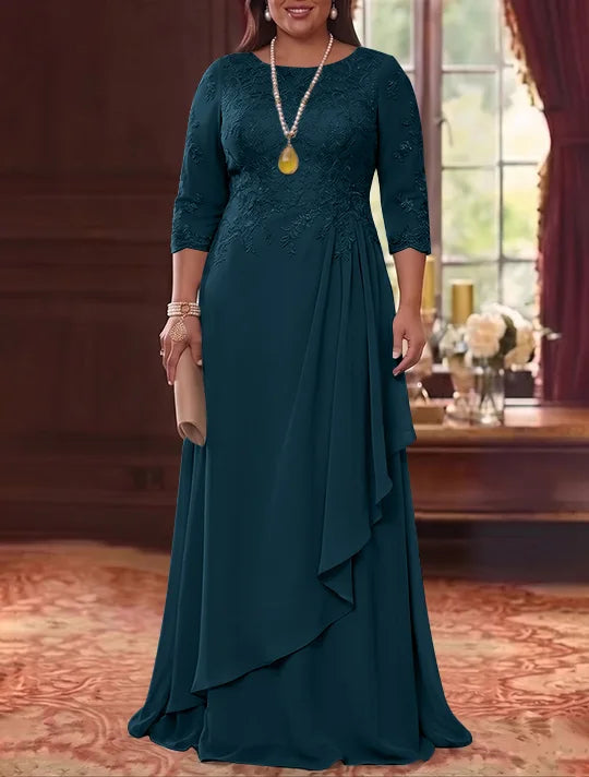 A-Line/Princess Scoop Chiffon Plus Size Mother of the Bride Dresses 3/4 Sleeves Lace Floor-Length With Pleated