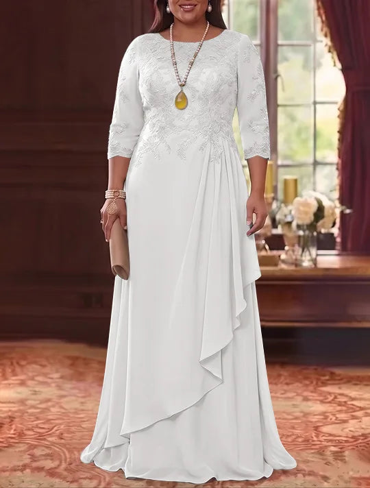 A-Line/Princess Scoop Chiffon Plus Size Mother of the Bride Dresses 3/4 Sleeves Lace Floor-Length With Pleated