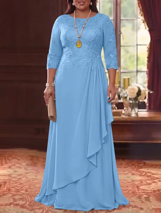A-Line/Princess Scoop Chiffon Plus Size Mother of the Bride Dresses 3/4 Sleeves Lace Floor-Length With Pleated