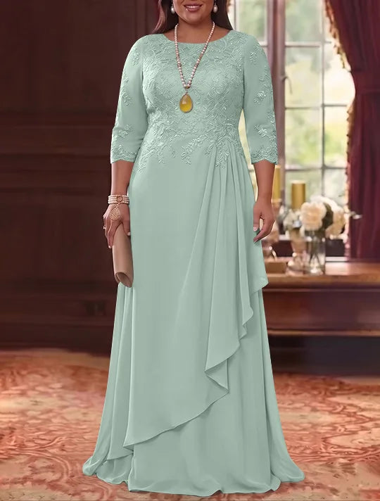 A-Line/Princess Scoop Chiffon Plus Size Mother of the Bride Dresses 3/4 Sleeves Lace Floor-Length With Pleated