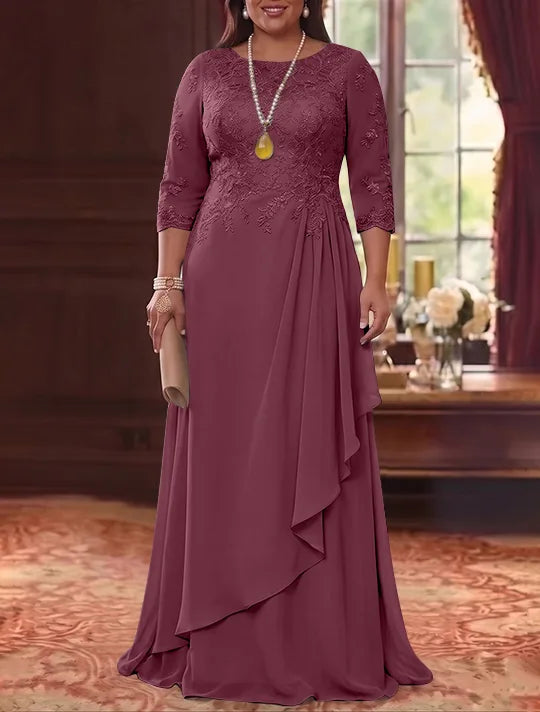 A-Line/Princess Scoop Chiffon Plus Size Mother of the Bride Dresses 3/4 Sleeves Lace Floor-Length With Pleated