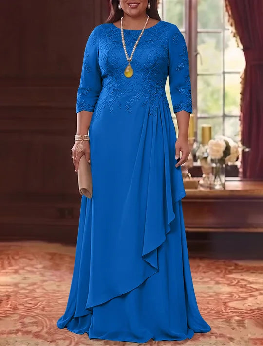 A-Line/Princess Scoop Chiffon Plus Size Mother of the Bride Dresses 3/4 Sleeves Lace Floor-Length With Pleated