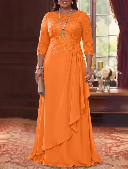 A-Line/Princess Scoop Chiffon Plus Size Mother of the Bride Dresses 3/4 Sleeves Lace Floor-Length With Pleated