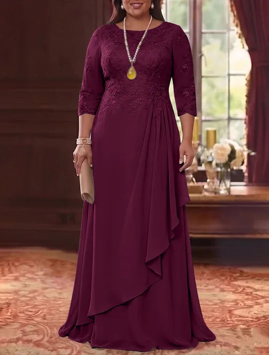 A-Line/Princess Scoop Chiffon Plus Size Mother of the Bride Dresses 3/4 Sleeves Lace Floor-Length With Pleated