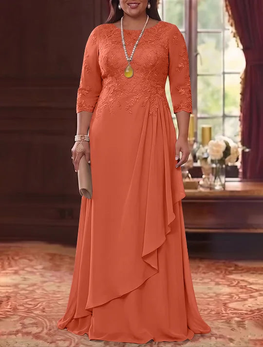 A-Line/Princess Scoop Chiffon Plus Size Mother of the Bride Dresses 3/4 Sleeves Lace Floor-Length With Pleated