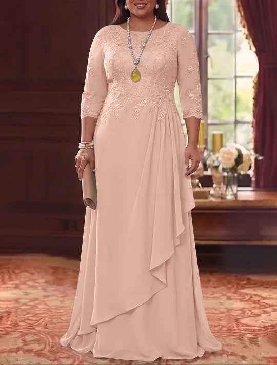 A-Line/Princess Scoop Chiffon Plus Size Mother of the Bride Dresses 3/4 Sleeves Lace Floor-Length With Pleated