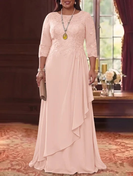 A-Line/Princess Scoop Chiffon Plus Size Mother of the Bride Dresses 3/4 Sleeves Lace Floor-Length With Pleated