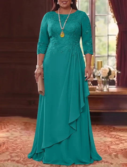 A-Line/Princess Scoop Chiffon Plus Size Mother of the Bride Dresses 3/4 Sleeves Lace Floor-Length With Pleated