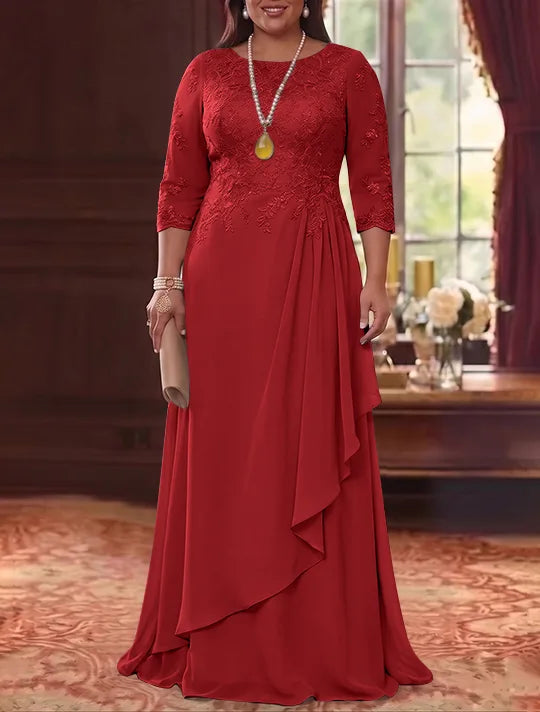 A-Line/Princess Scoop Chiffon Plus Size Mother of the Bride Dresses 3/4 Sleeves Lace Floor-Length With Pleated