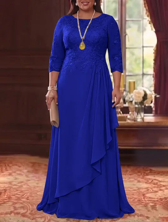 A-Line/Princess Scoop Chiffon Plus Size Mother of the Bride Dresses 3/4 Sleeves Lace Floor-Length With Pleated