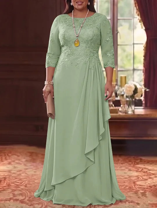 A-Line/Princess Scoop Chiffon Plus Size Mother of the Bride Dresses 3/4 Sleeves Lace Floor-Length With Pleated