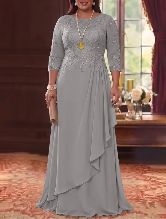 A-Line/Princess Scoop Chiffon Plus Size Mother of the Bride Dresses 3/4 Sleeves Lace Floor-Length With Pleated