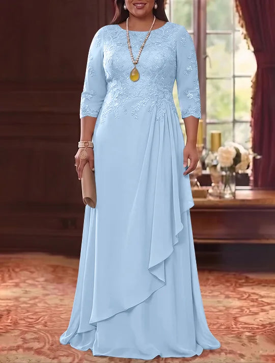 A-Line/Princess Scoop Chiffon Plus Size Mother of the Bride Dresses 3/4 Sleeves Lace Floor-Length With Pleated