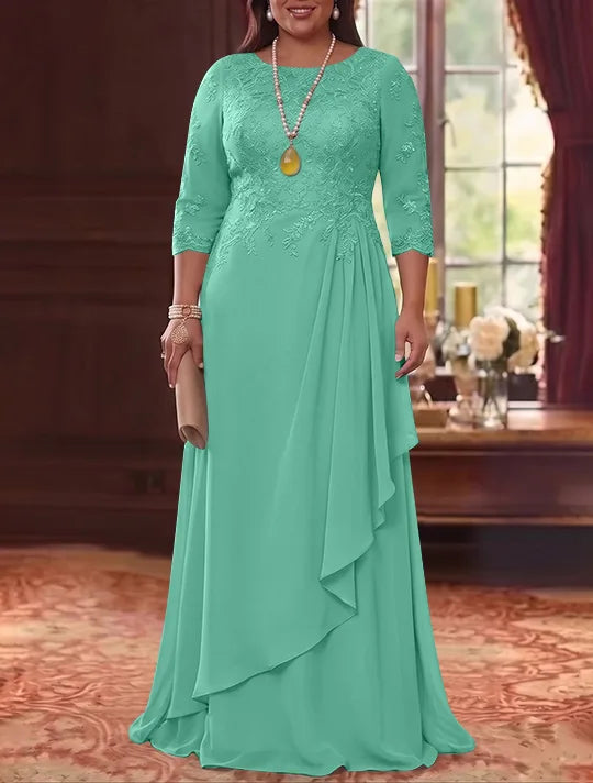 A-Line/Princess Scoop Chiffon Plus Size Mother of the Bride Dresses 3/4 Sleeves Lace Floor-Length With Pleated