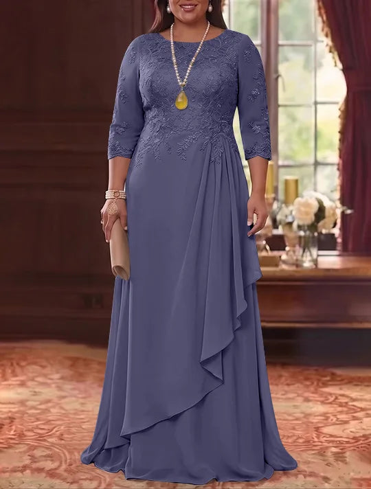 A-Line/Princess Scoop Chiffon Plus Size Mother of the Bride Dresses 3/4 Sleeves Lace Floor-Length With Pleated