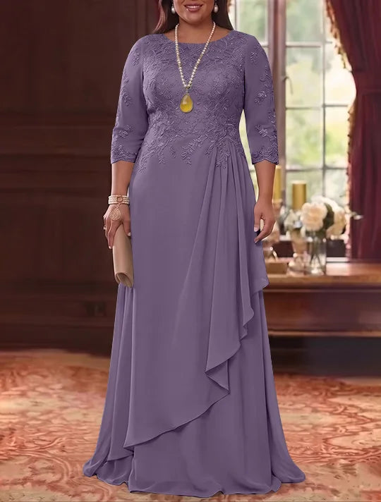 A-Line/Princess Scoop Chiffon Plus Size Mother of the Bride Dresses 3/4 Sleeves Lace Floor-Length With Pleated