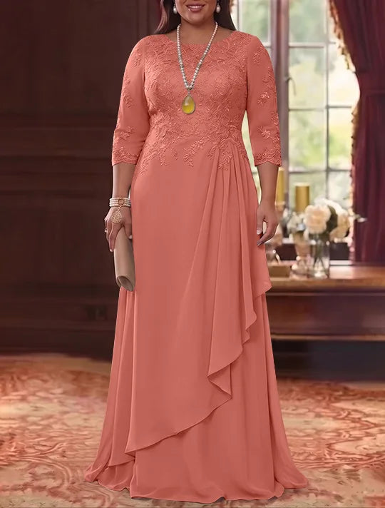 A-Line/Princess Scoop Chiffon Plus Size Mother of the Bride Dresses 3/4 Sleeves Lace Floor-Length With Pleated