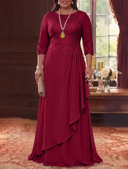 A-Line/Princess Scoop Chiffon Plus Size Mother of the Bride Dresses 3/4 Sleeves Lace Floor-Length With Pleated