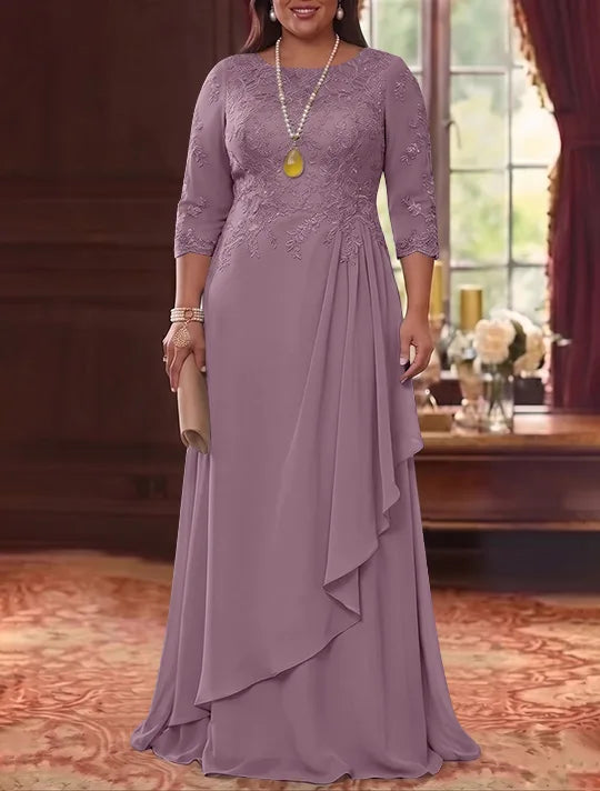 A-Line/Princess Scoop Chiffon Plus Size Mother of the Bride Dresses 3/4 Sleeves Lace Floor-Length With Pleated
