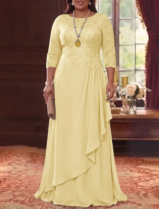 A-Line/Princess Scoop Chiffon Plus Size Mother of the Bride Dresses 3/4 Sleeves Lace Floor-Length With Pleated