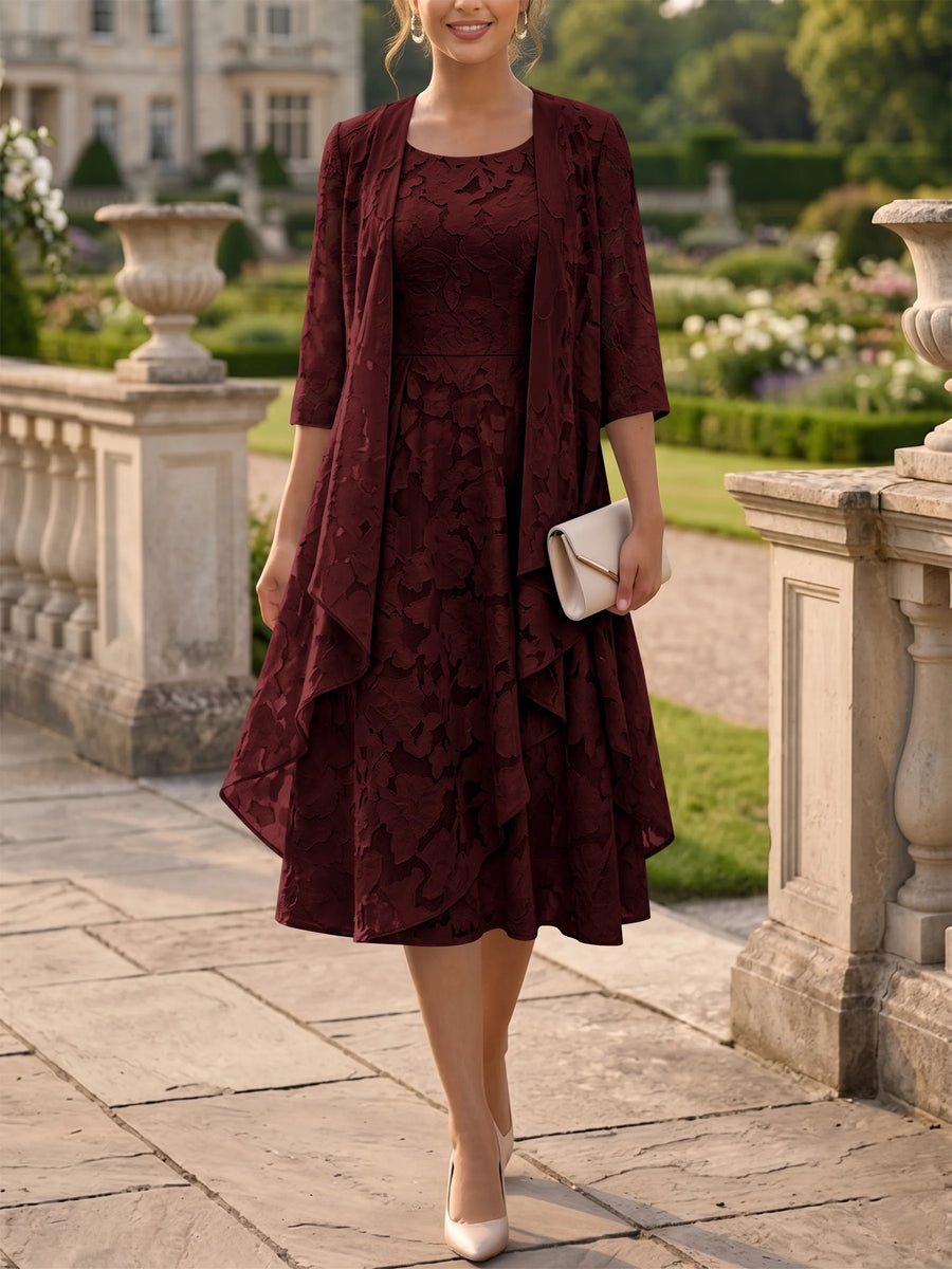 A-Line/Princess Scoop Chiffon Floral Mother of the Bride Dresses with Jacket Tea-Length 3/4 Sleeves Ruffles