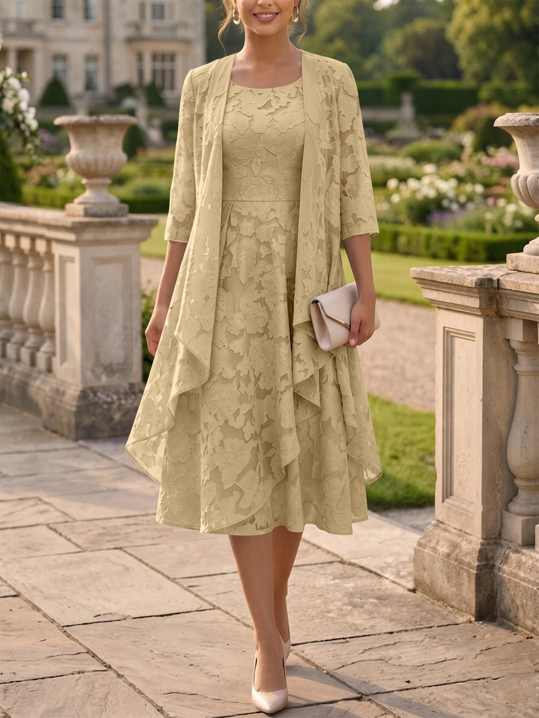 A-Line/Princess Scoop Chiffon Floral Mother of the Bride Dresses with Jacket Tea-Length 3/4 Sleeves Ruffles, Sky Blue