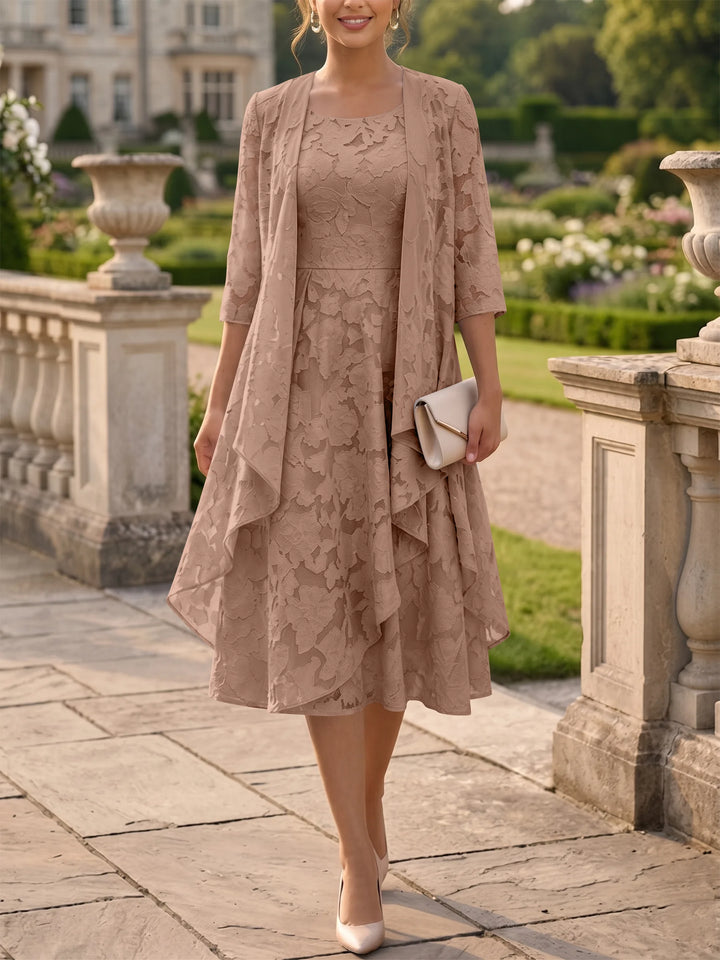 A-Line/Princess Scoop Chiffon Floral Mother of the Bride Dresses with Jacket Tea-Length 3/4 Sleeves Ruffles