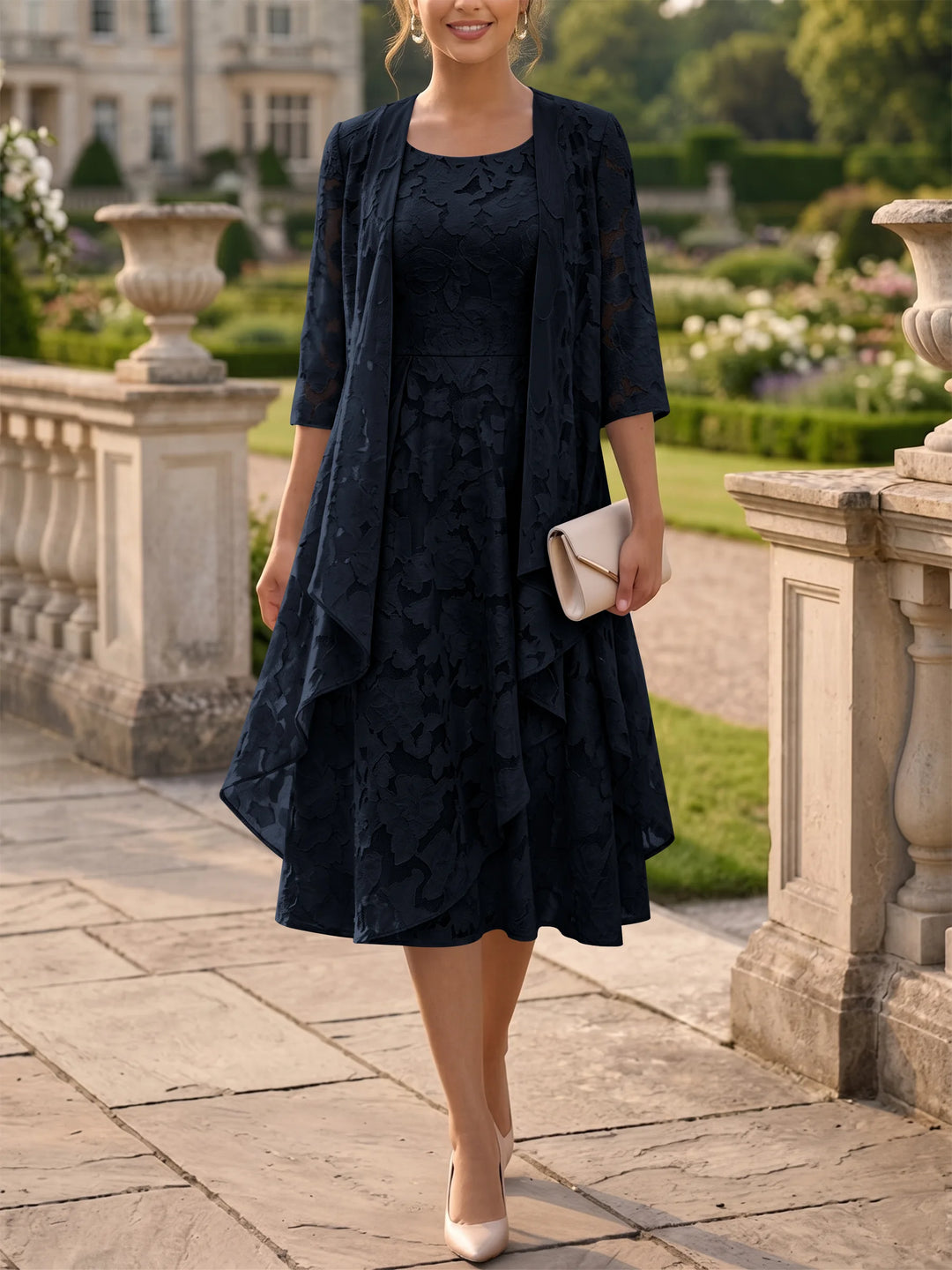 A-Line/Princess Scoop Chiffon Floral Mother of the Bride Dresses with Jacket Tea-Length 3/4 Sleeves Ruffles