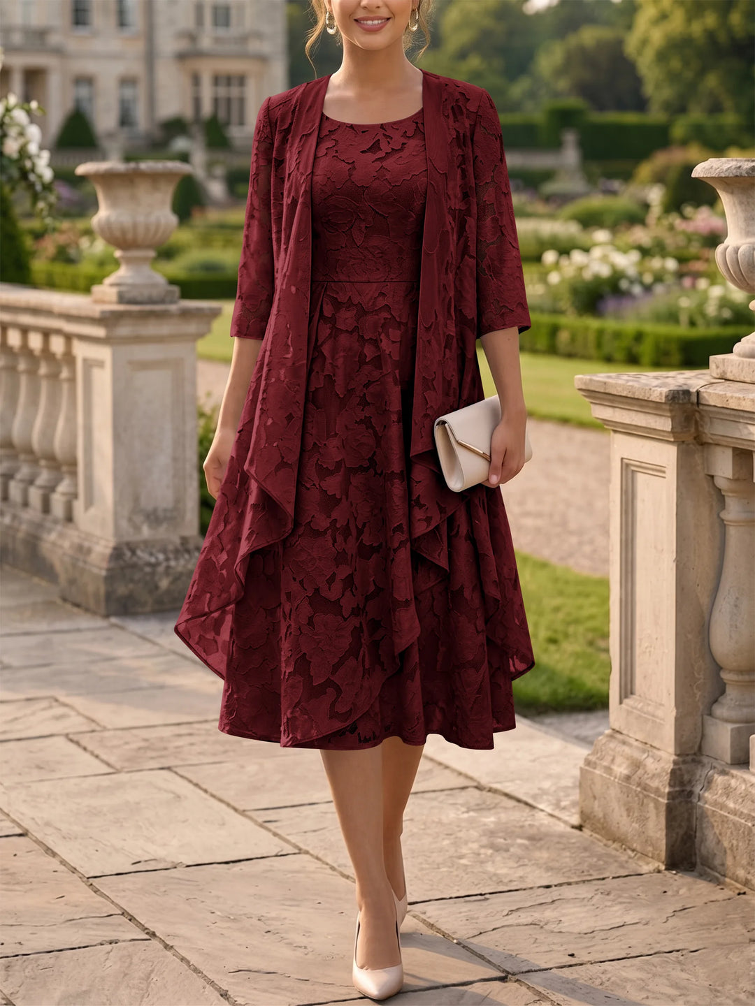 A-Line/Princess Scoop Chiffon Floral Mother of the Bride Dresses with Jacket Tea-Length 3/4 Sleeves Ruffles