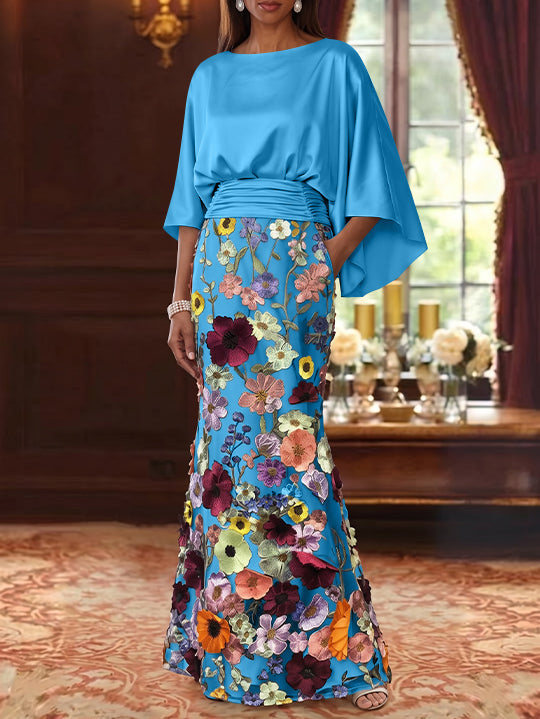 Trumpet/Mermaid Floral Mother Of The Bride Dresses Silk Satin Floor Length 3/4 Sleeves Ruched