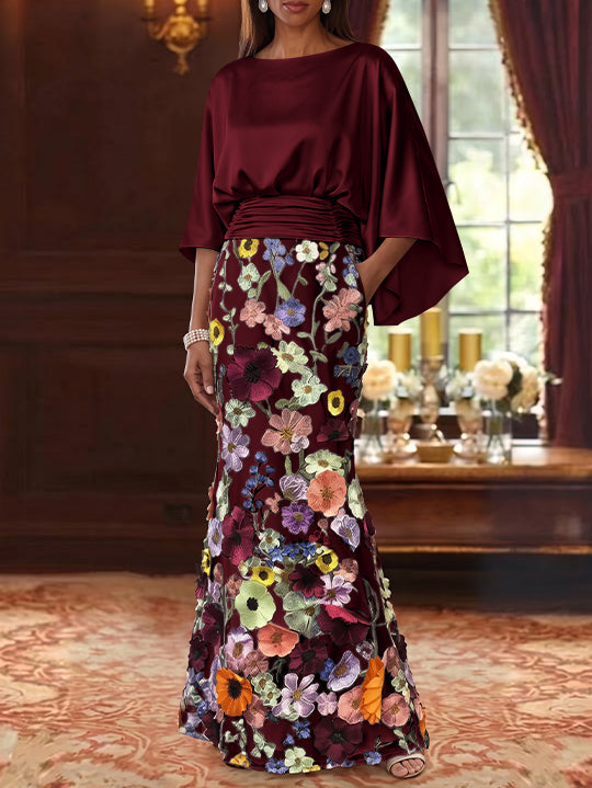 Trumpet/Mermaid Floral Mother Of The Bride Dresses Silk Satin Floor Length 3/4 Sleeves Ruched