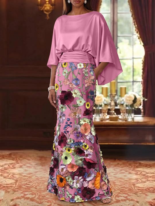 Trumpet/Mermaid Floral Mother Of The Bride Dresses Silk Satin Floor Length 3/4 Sleeves Ruched