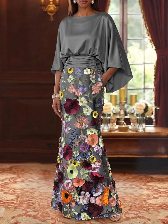 Trumpet/Mermaid Floral Mother Of The Bride Dresses Silk Satin Floor Length 3/4 Sleeves Ruched