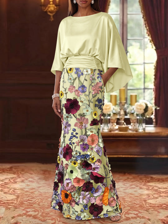 Trumpet/Mermaid Floral Mother Of The Bride Dresses Silk Satin Floor Length 3/4 Sleeves Ruched