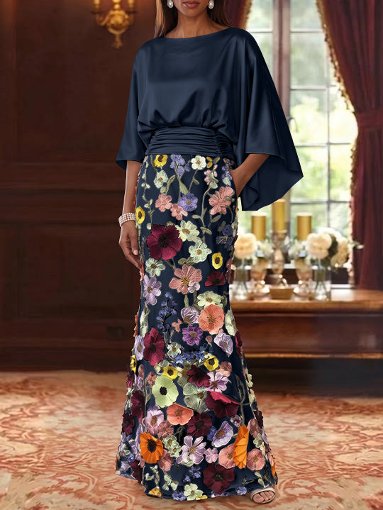 Trumpet/Mermaid Floral Mother Of The Bride Dresses Silk Satin Floor Length 3/4 Sleeves Ruched