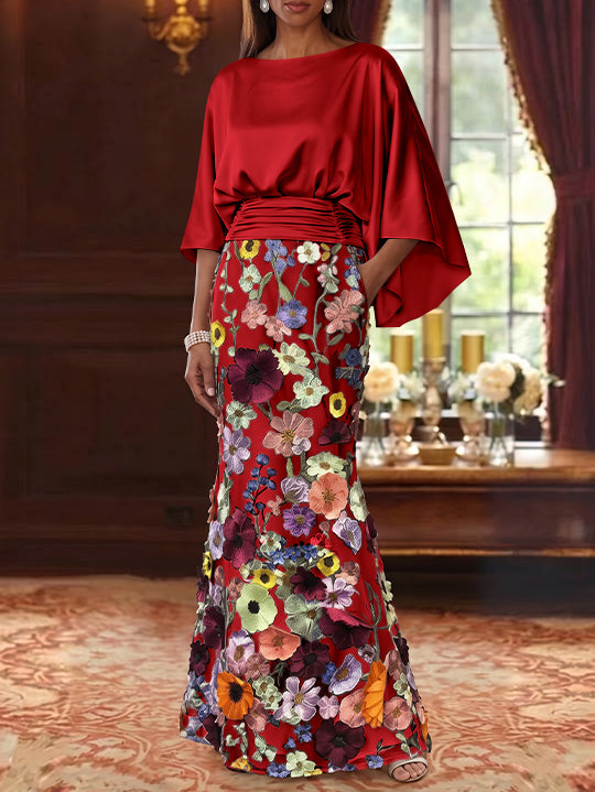 Trumpet/Mermaid Floral Mother Of The Bride Dresses Silk Satin Floor Length 3/4 Sleeves Ruched