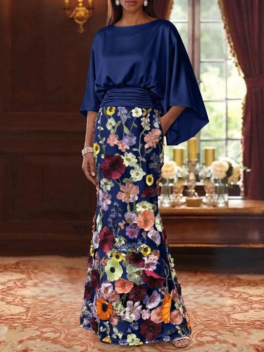 Trumpet/Mermaid Floral Mother Of The Bride Dresses Silk Satin Floor Length 3/4 Sleeves Ruched