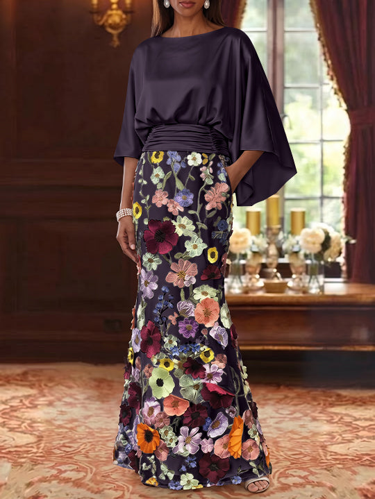 Trumpet/Mermaid Floral Mother Of The Bride Dresses Silk Satin Floor Length 3/4 Sleeves Ruched