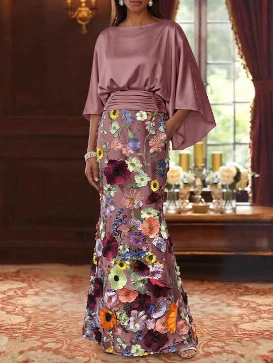 Trumpet/Mermaid Floral Mother Of The Bride Dresses Silk Satin Floor Length 3/4 Sleeves Ruched