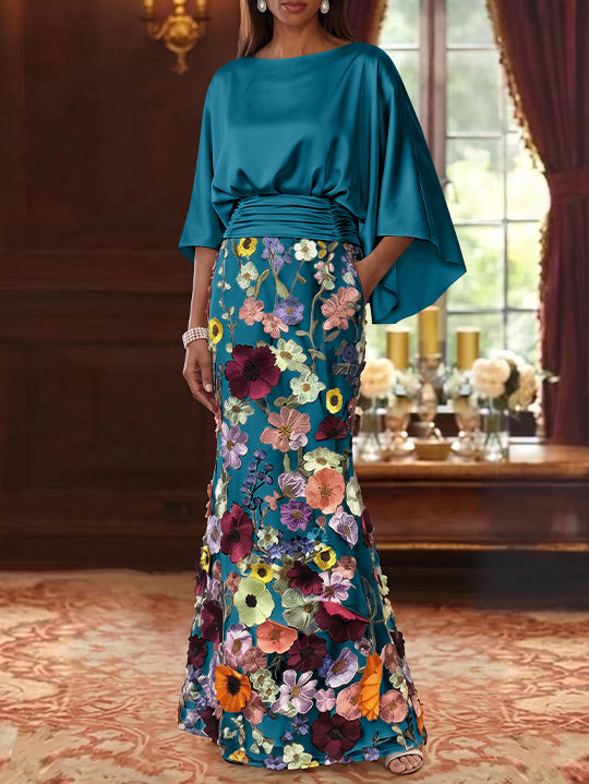 Trumpet/Mermaid Floral Mother Of The Bride Dresses Silk Satin Floor Length 3/4 Sleeves Ruched