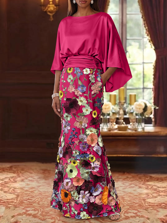 Trumpet/Mermaid Floral Mother Of The Bride Dresses Silk Satin Floor Length 3/4 Sleeves Ruched