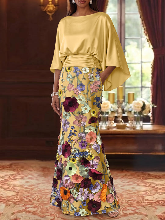 Trumpet/Mermaid Floral Mother Of The Bride Dresses Silk Satin Floor Length 3/4 Sleeves Ruched