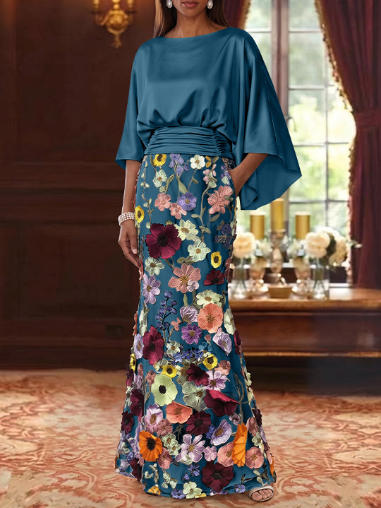 Trumpet/Mermaid Floral Mother Of The Bride Dresses Silk Satin Floor Length 3/4 Sleeves Ruched